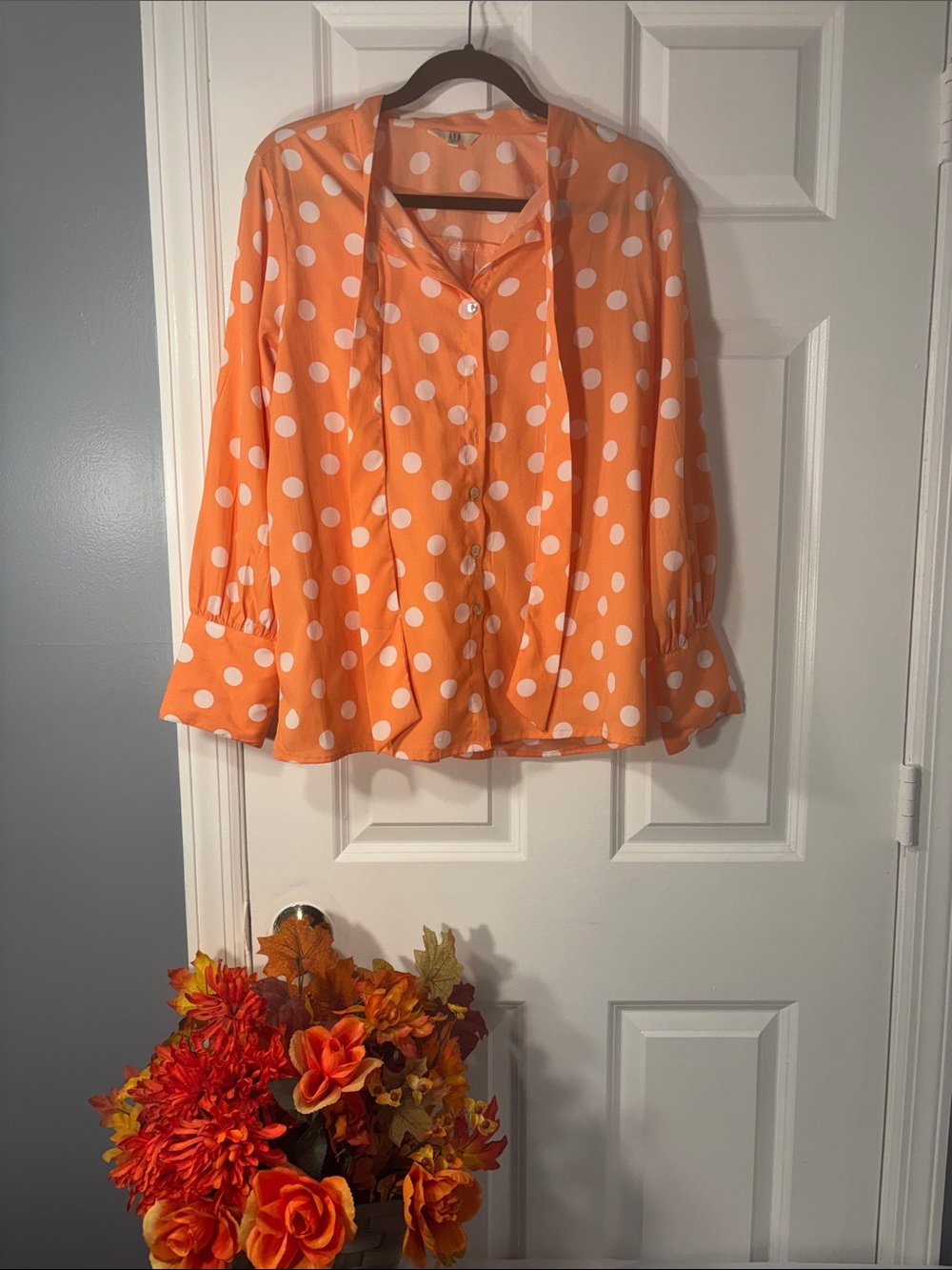 AND Women’s Orange & White Polka Dot Long Sleeve Blouse Size 16 XL